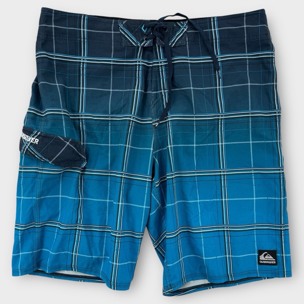 Quiksilver Cypher Board Shorts Mens 38 Blue Plaid Hybrid Trunks 4-Way Stretch
